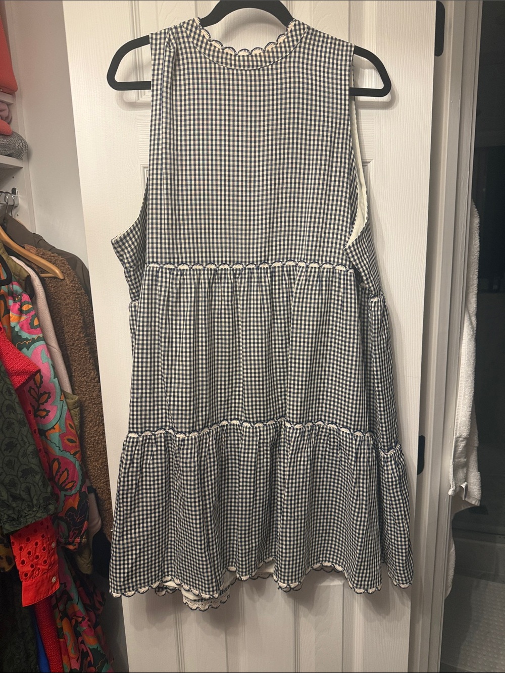 Tuckernuck pomander place XXXL gingham tiered dress, with crochet details.